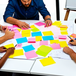 **Image Prompt:** A diverse team brainstorming around a table covered in colorful sticky notes and idea maps. The atmosphere is energetic and collaborative, with team members actively engaged in discussion and sketching on a whiteboard. Focus on capturing the synergy and blend of different perspectives.