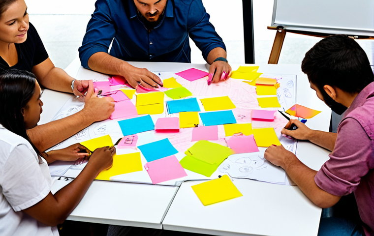 **Image Prompt:** A diverse team brainstorming around a table covered in colorful sticky notes and idea maps. The atmosphere is energetic and collaborative, with team members actively engaged in discussion and sketching on a whiteboard. Focus on capturing the synergy and blend of different perspectives.