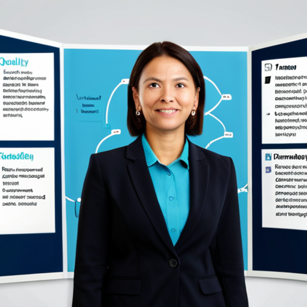Learning Roadmap Visual**
"A professional woman in a modest outfit stands before a brightly colored mind map illustrating steps for creating a personal learning roadmap. The mind map includes keywords like 'Strengths,' 'Weaknesses,' 'Vision,' 'Goals,' 'Community,' and 'Projects.' Modern, clean design. Safe for work, appropriate content, fully clothed, professional, perfect anatomy, correct proportions, well-formed hands, proper finger count, natural pose."
**