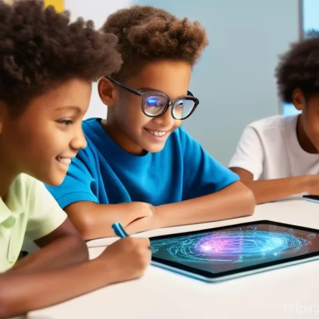 협력적 창의성과 인공지능의 융합 - A group of diverse children, aged 10-12, are actively engaged in a futuristic, brightly lit classroo...