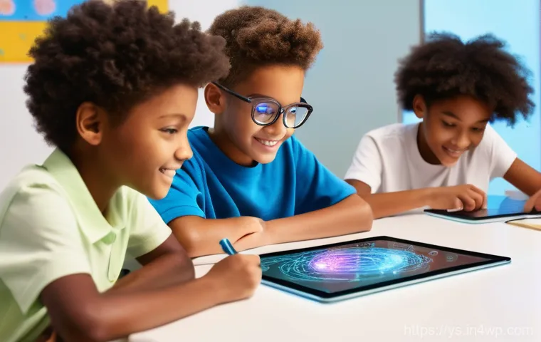 협력적 창의성과 인공지능의 융합 - A group of diverse children, aged 10-12, are actively engaged in a futuristic, brightly lit classroo...