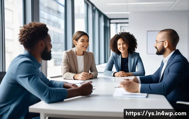 협력적 창의성의 언어적 커뮤니케이션 전략 - A diverse team engaged in active listening during a collaborative meeting in a modern office setting...