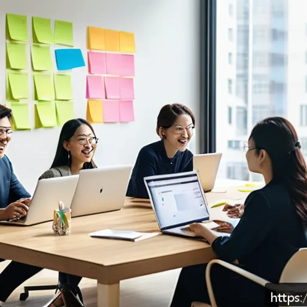협력적 창의성의 심리적 요소 분석 - A diverse corporate team collaborating in a modern office space, members of various ethnicities and ...