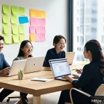 Home 18 협력적 창의성의 심리적 요소 분석 - A diverse corporate team collaborating in a modern office space, members of various ethnicities and ...