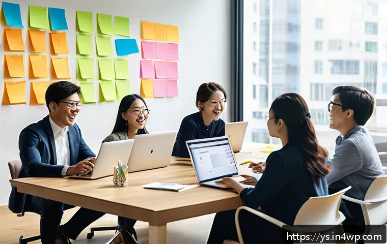 협력적 창의성의 심리적 요소 분석 - A diverse corporate team collaborating in a modern office space, members of various ethnicities and ...