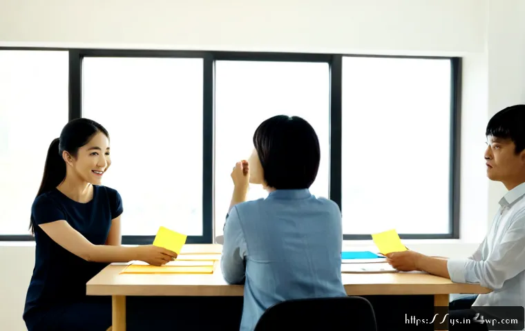 Home 17 협력적 창의성과 팀 성과의 관계 - Photorealistic modern workplace scene showing a diverse team of five adults gathered around a large ...